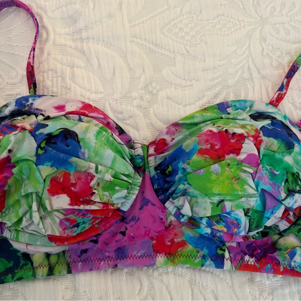 Lands End Bikini Top Adult Size 6 Green Floral Padded Underwire Womens - Picture 2 of 6